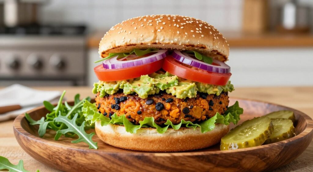 serving veggie burger with toppings